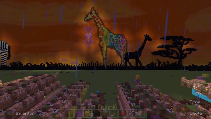 A screenshot from Minecraft showing a music video of Toto’s Africa, created by Stacinator using note and command blocks.