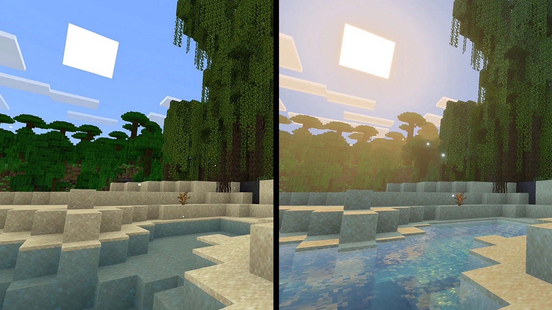 A Minecraft beach scene with enhanced light and reflections Minecraft beach and jungle scene illustrating the difference between classic lighting and Vibrant Visuals