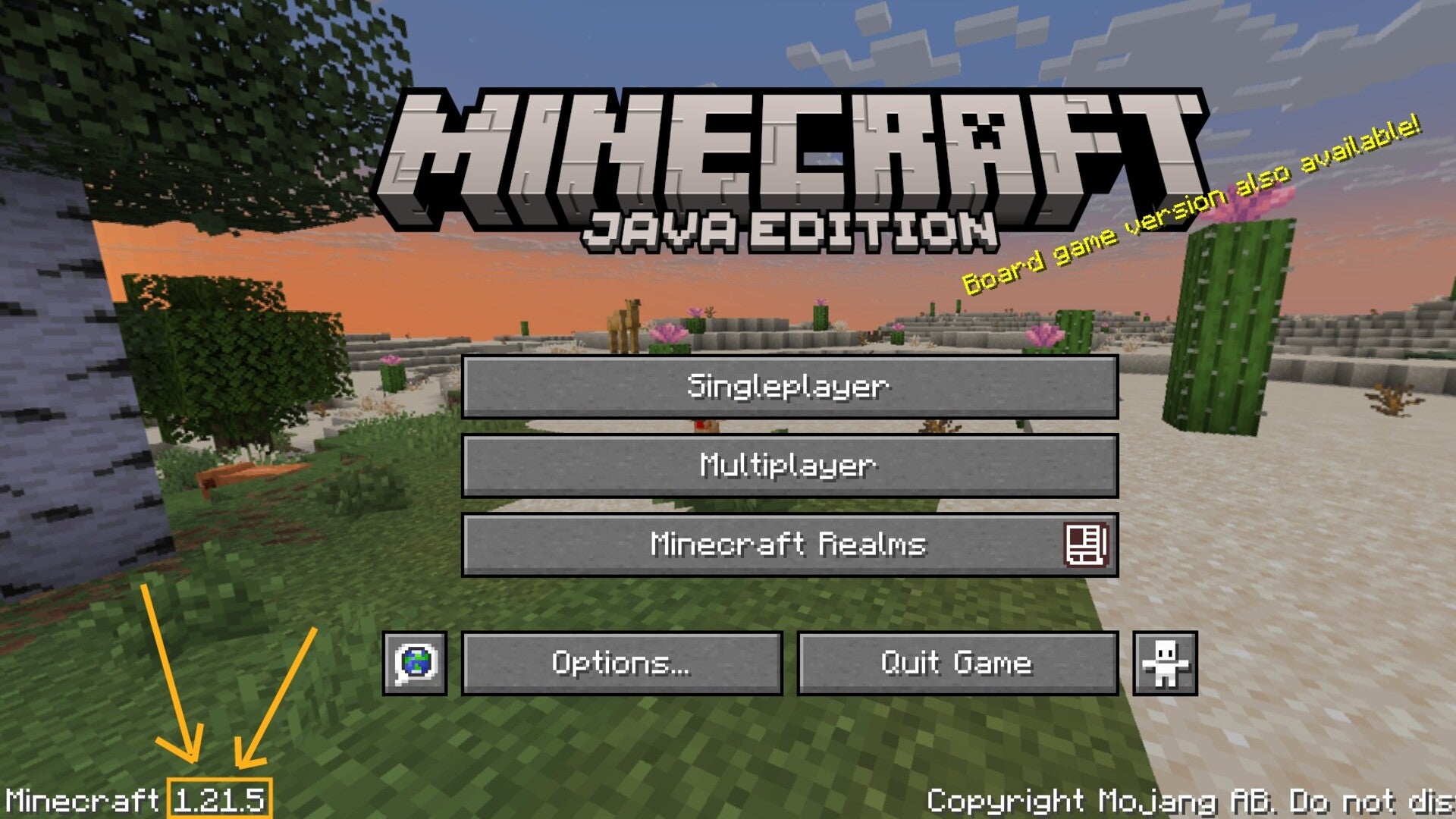 The Minecraft Java Edition main menu is shown, with the game version - 1.21.5 - labeled in the lower left-hand corner - 3