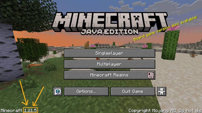 The Minecraft Java Edition main menu is shown, with the game version - 1.21.5 - labeled in the lower left-hand corner