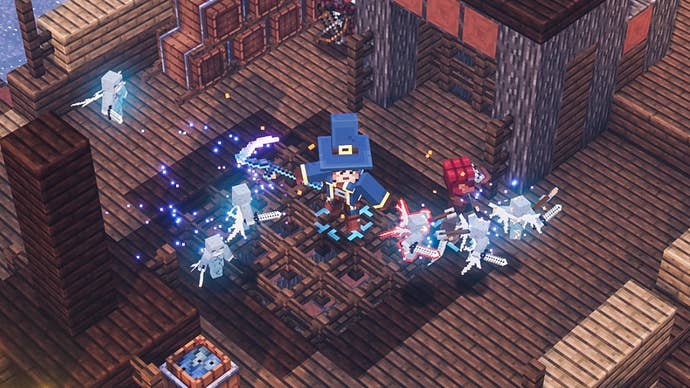 Minecraft Dungeons header showing blocky chaos on a boat