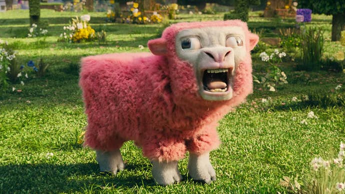 A pink sheep from the Minecraft movie