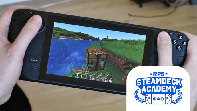 Minecraft Java Edition running on a Steam Deck. The RPS Steam Deck Academy logo is added in the bottom-right corner.