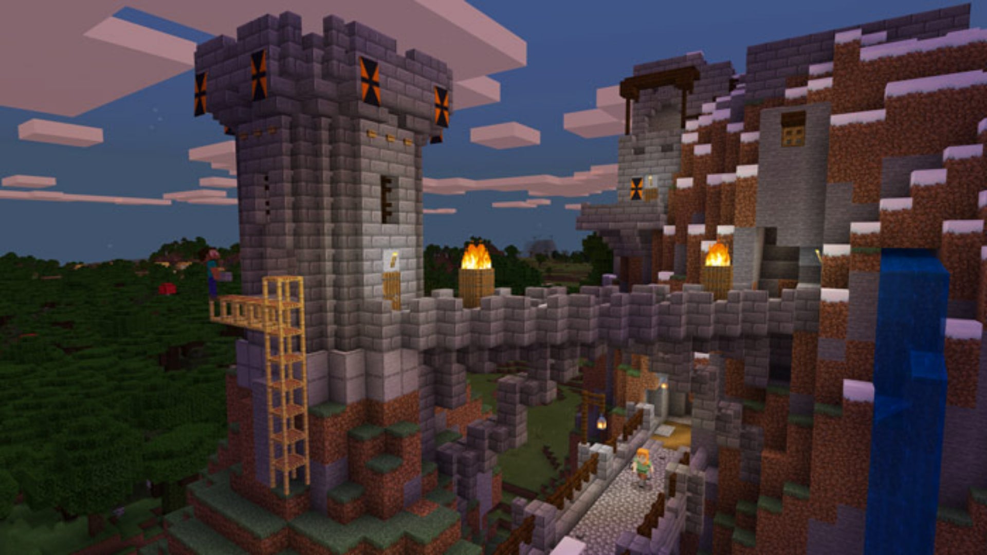 A Minecraft castle built into a cliff with cobblestone is shown, the sun is setting. - 3