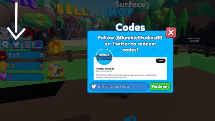 Mining Simulator 2 Code Redemption Menu, a white arrow is pointing to the Twitter icon