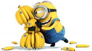 A Minion from the Despicable Me film series hugs a large banana bunch