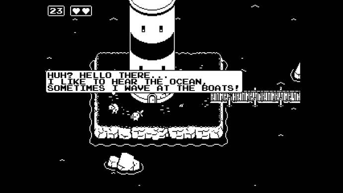 An old man gives you directions in front of a lighthouse in Minit.