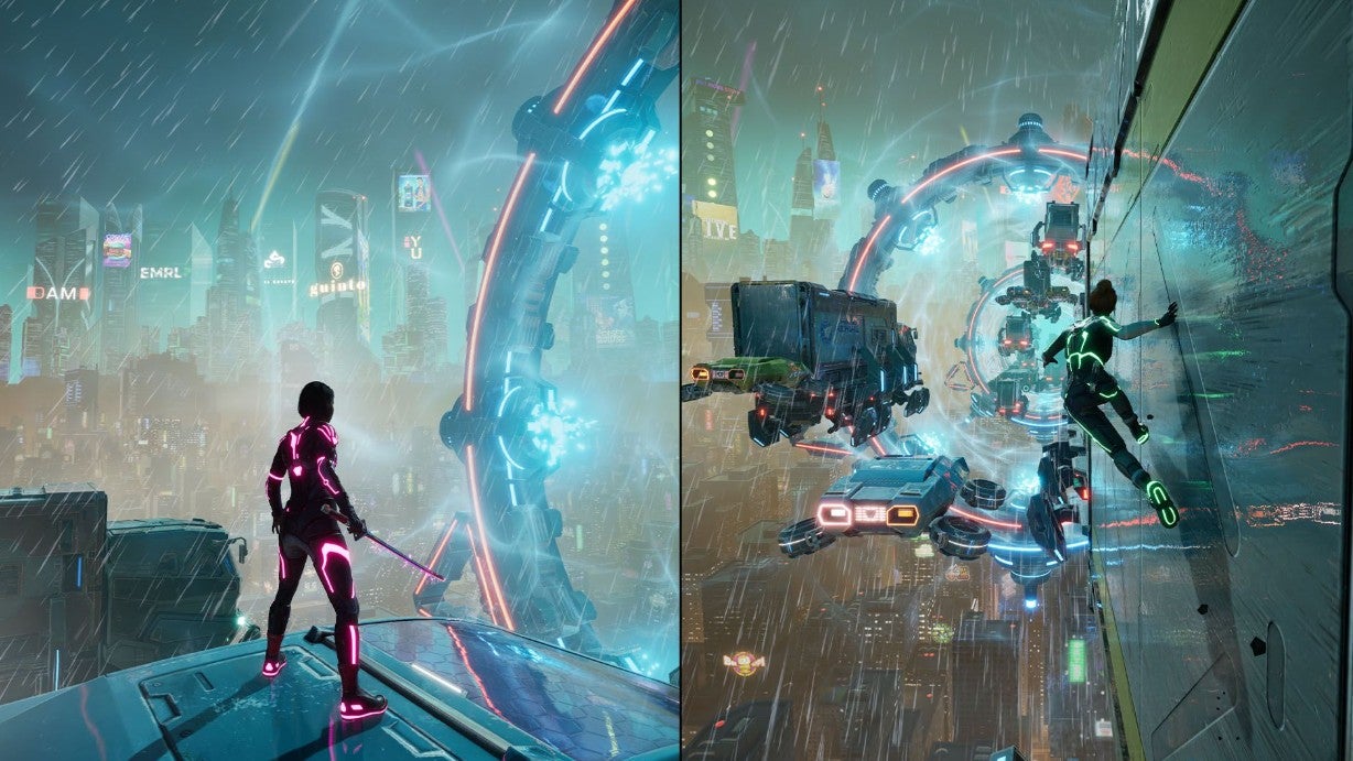 Mio on the left and Zoe on the right in one of Split Fiction&rsquo;s sci fi levels