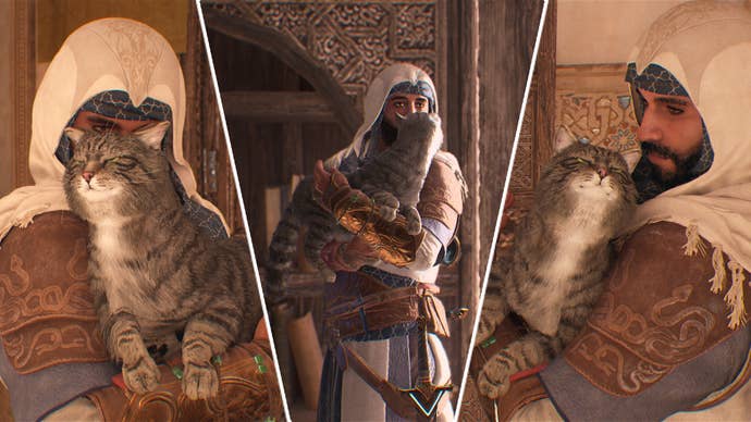 Assassin’s Creed Mirage main character, Basim, in three pictures, fussing cats.