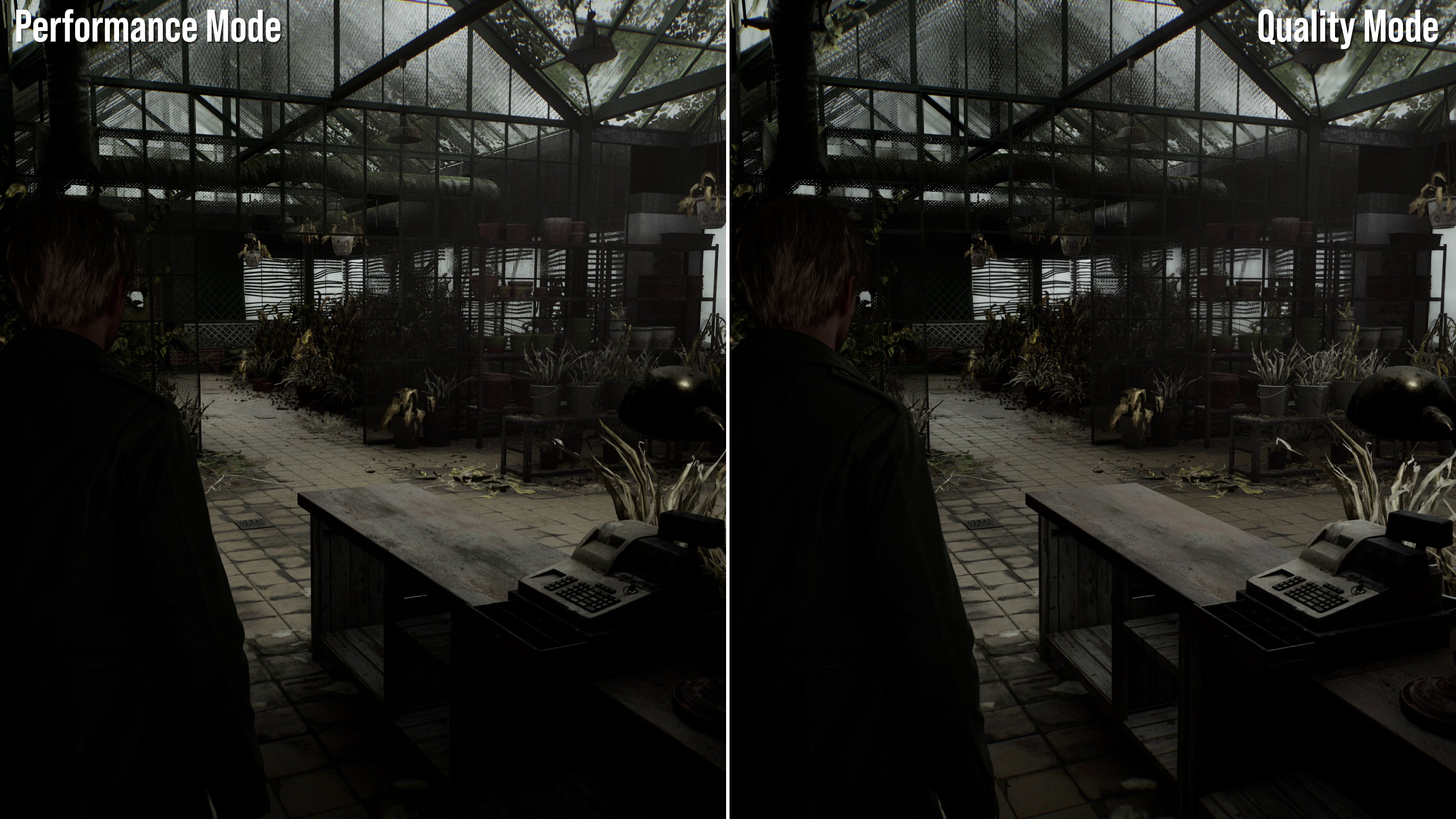 Comparison shots of Silent Hill 2's quality and performance modes.