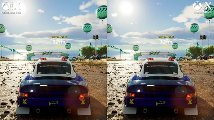 xbox series x screenshots in the crew motorfest, showing small visual differences in performance and resolution modes