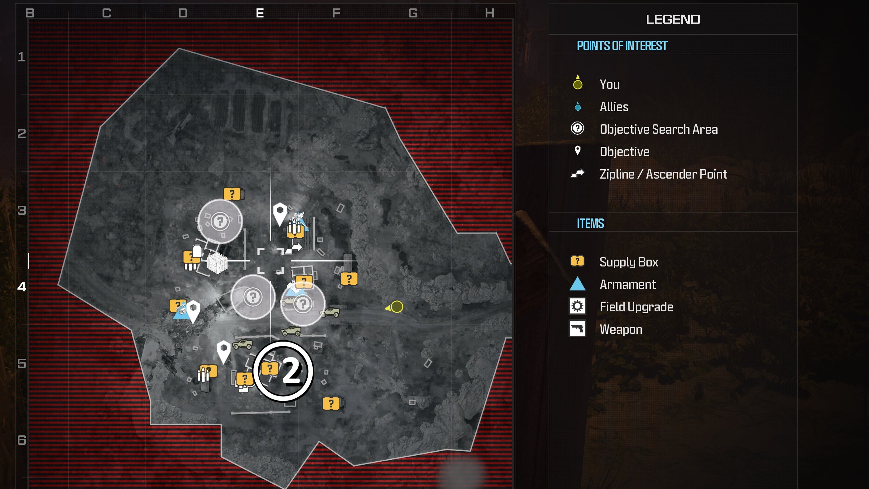 tactical map of the crash level with a weapon location circled in white
