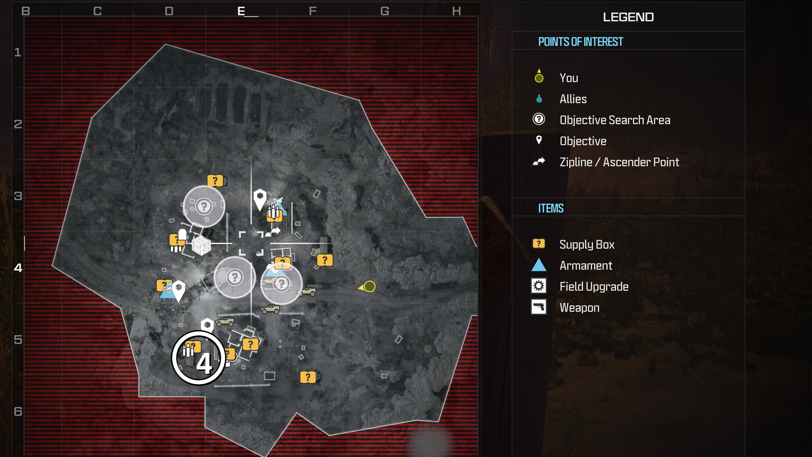 tactical map view of a weapon location circled in white in the crash site map