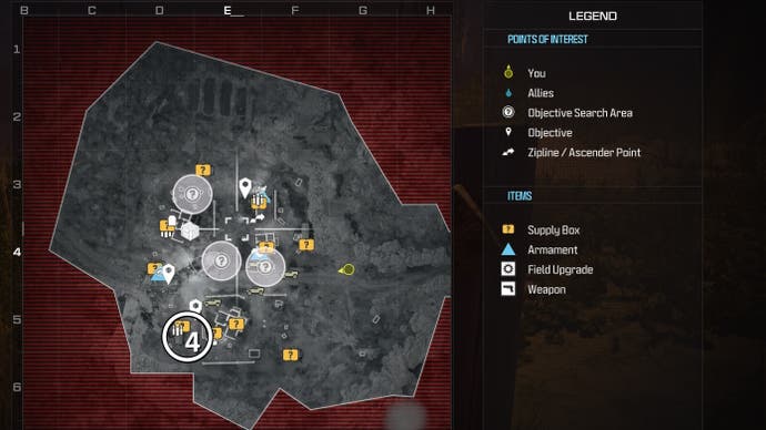 tactical map view of a weapon location circled in white in the crash site map