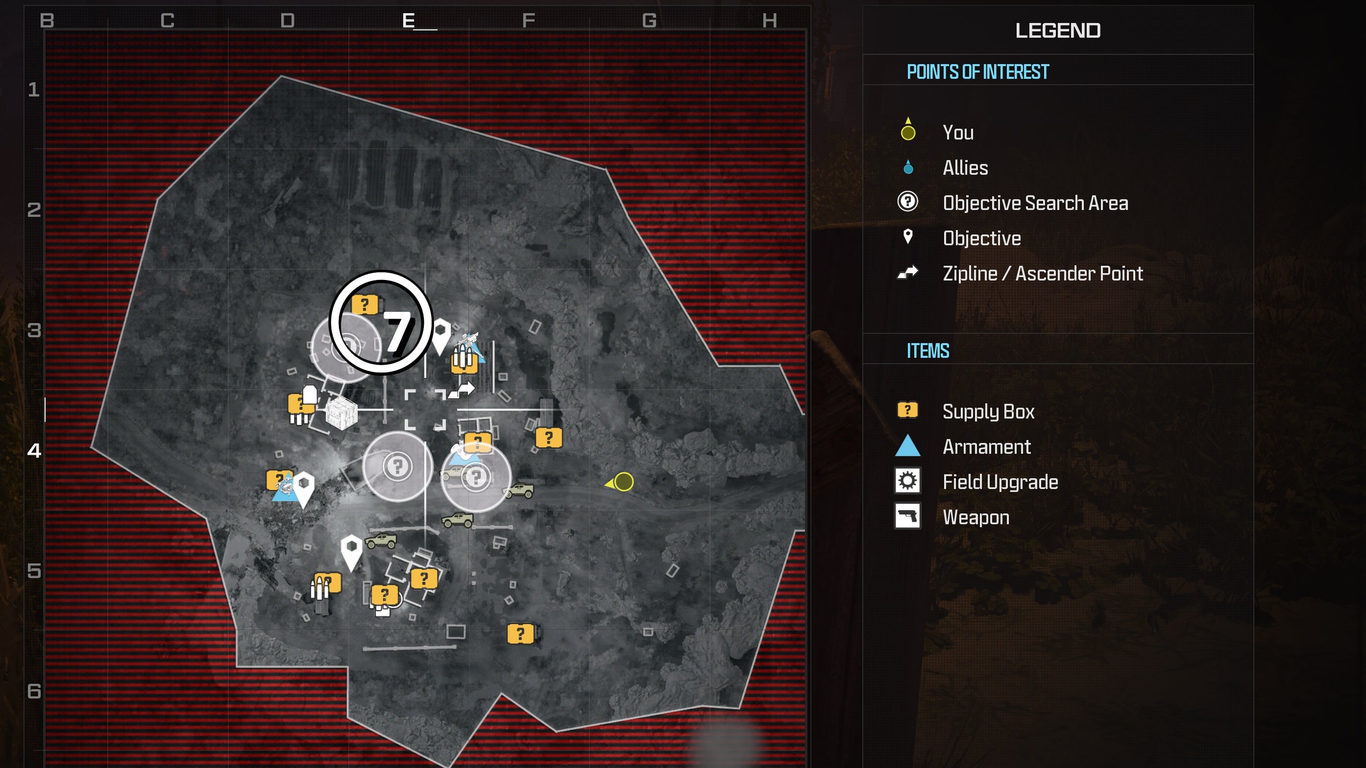 tactical map of the crash level with a weapon location circled in white