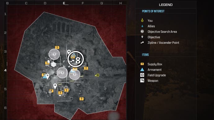 tactical map of the crash level with a weapon location circled in white