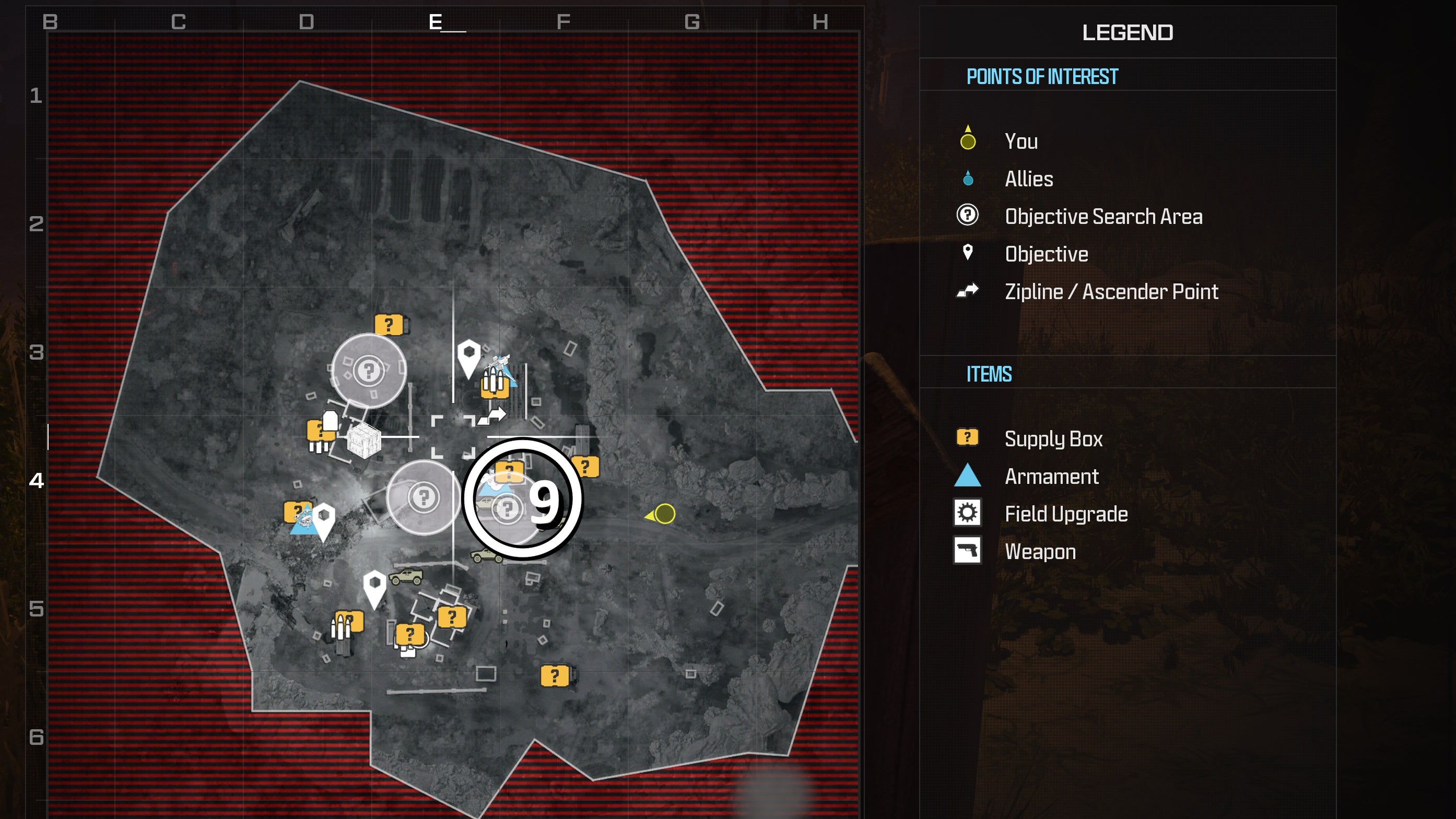 tactical map of the crash level with a weapon location circled in white
