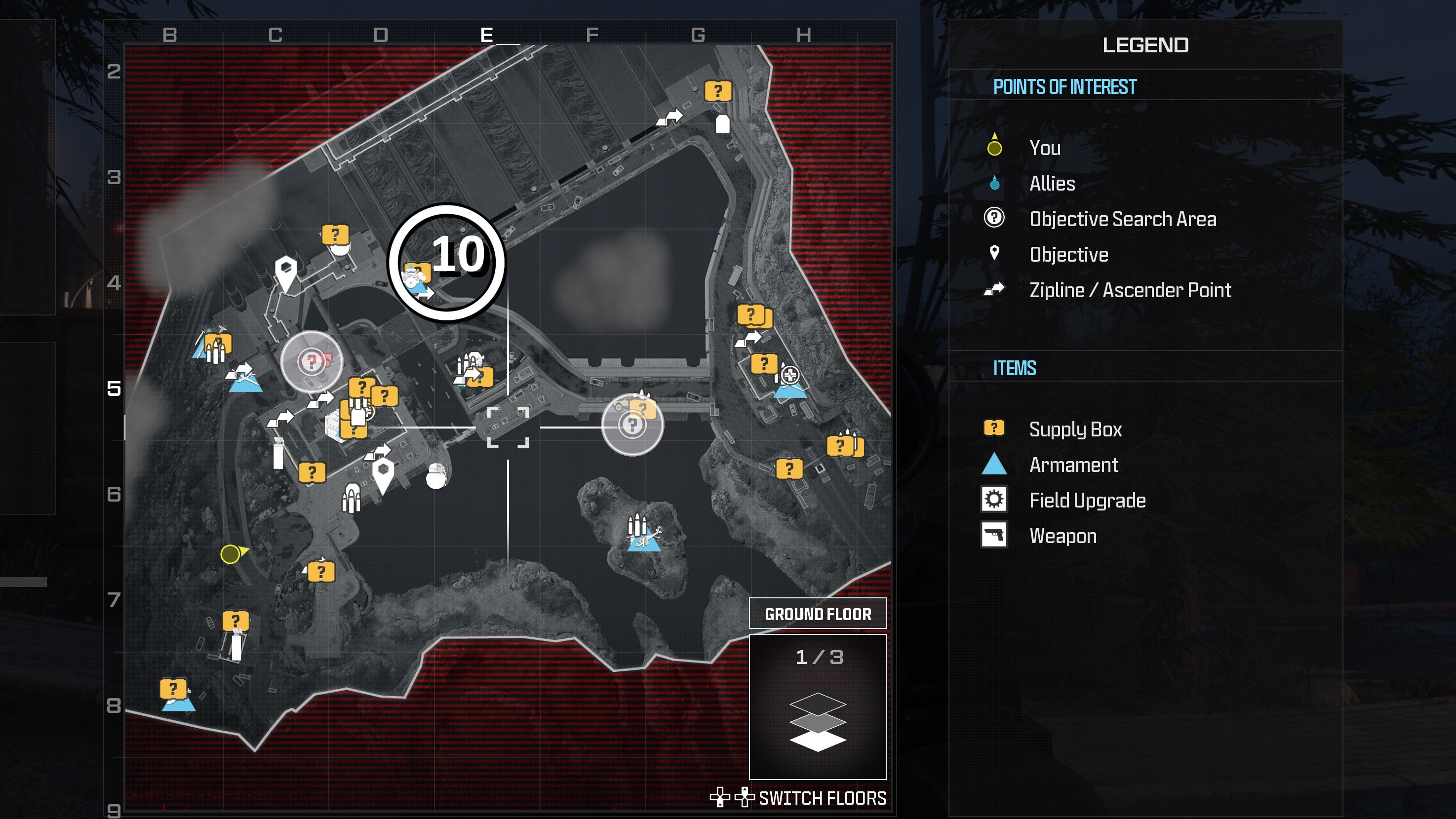tactical map view of the gora dam level with a weapon location numbered and circled