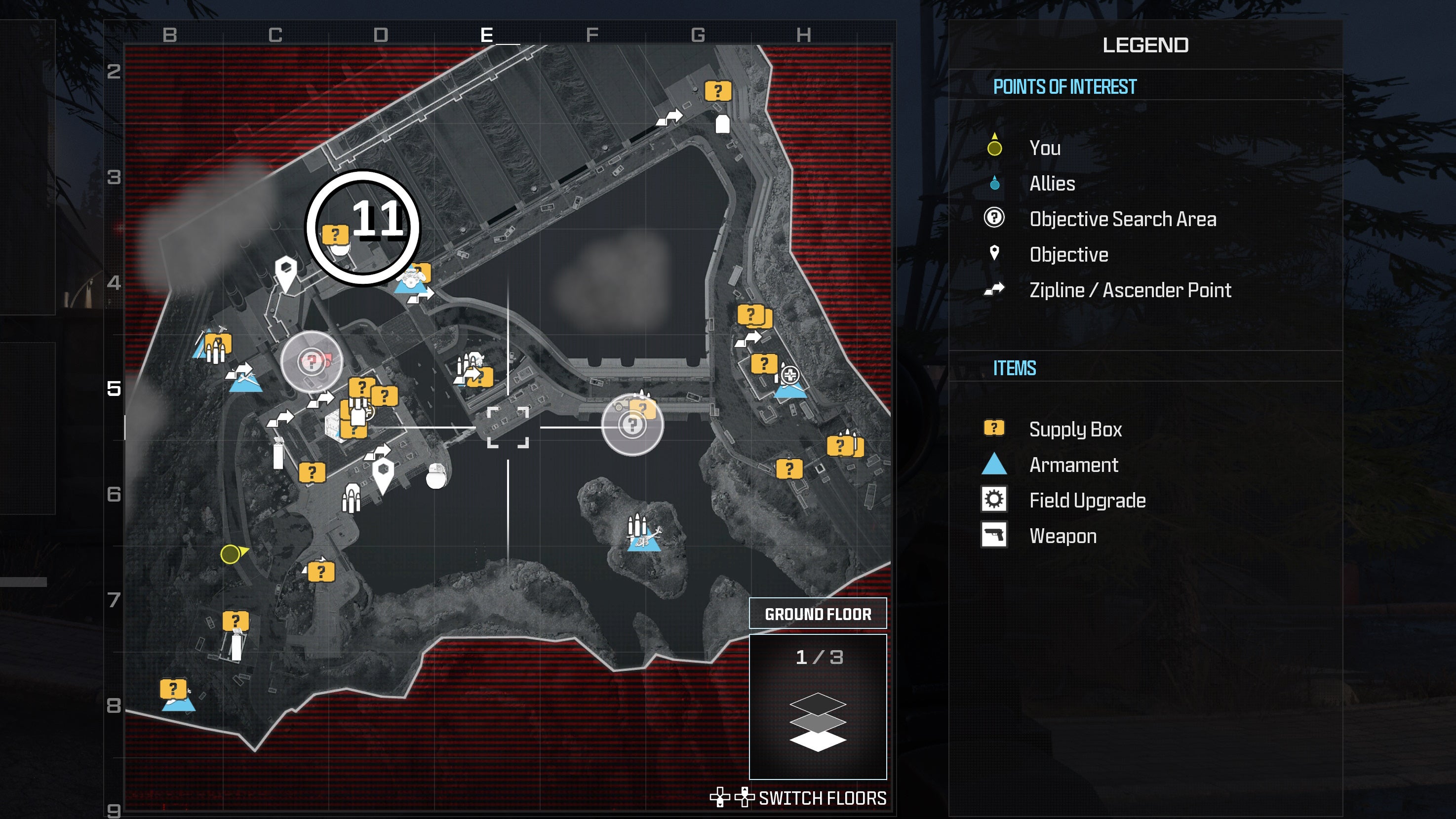 tactical map view of the gora dam level with a weapon location numbered and circled