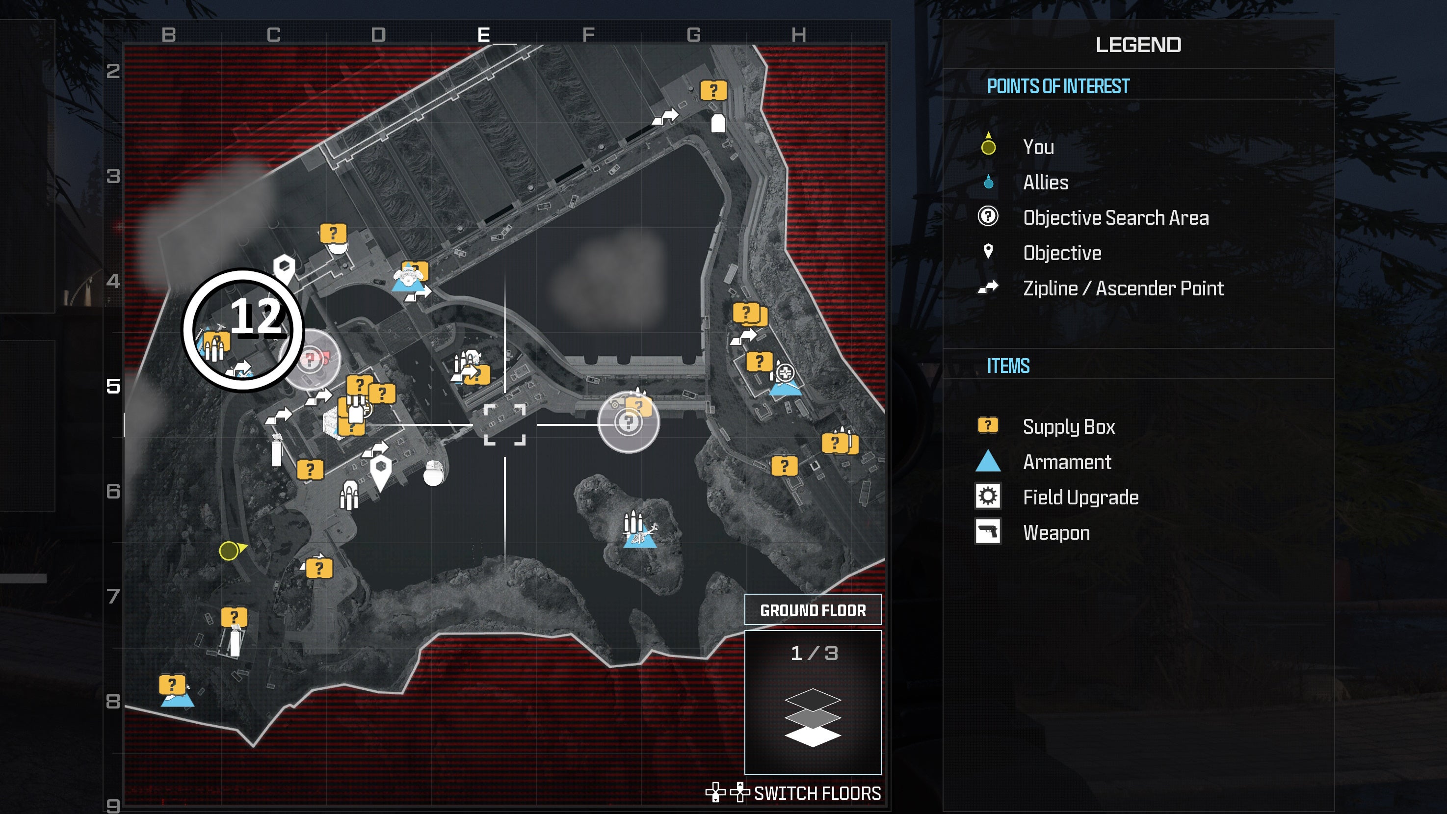 tactical map view of the gora dam level with a weapon location numbered and circled