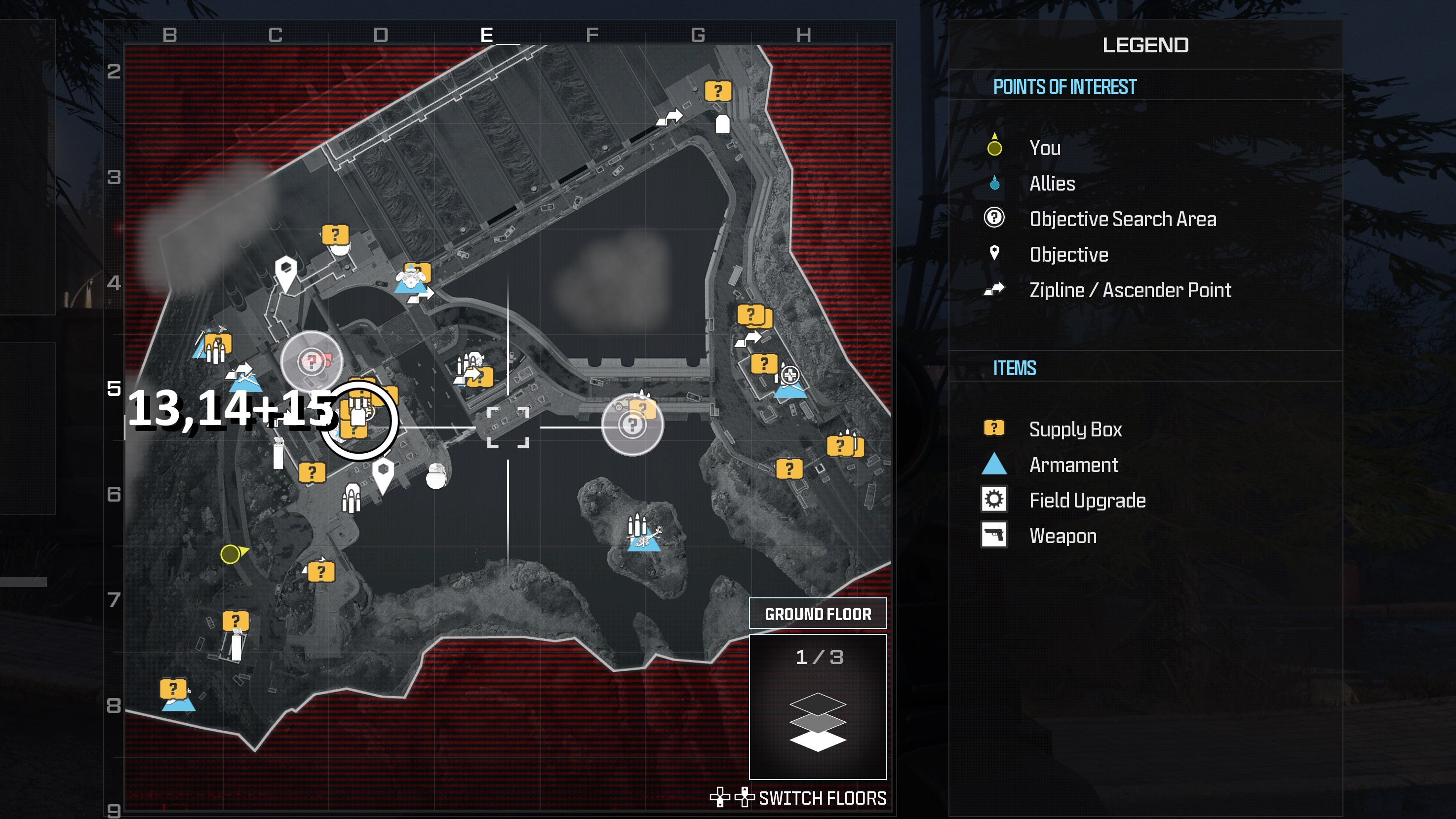 tactical map view of the gora dam level with a weapon location numbered and circled