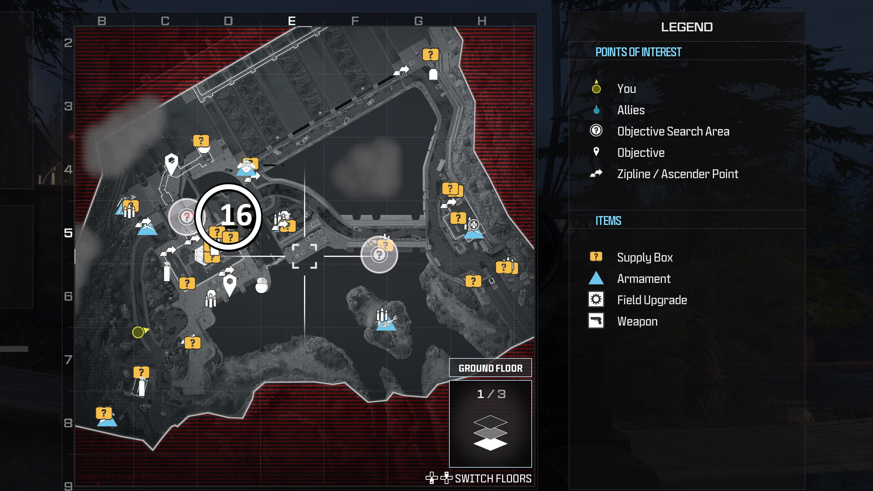 tactical map view of the gora dam level with a weapon location numbered and circled
