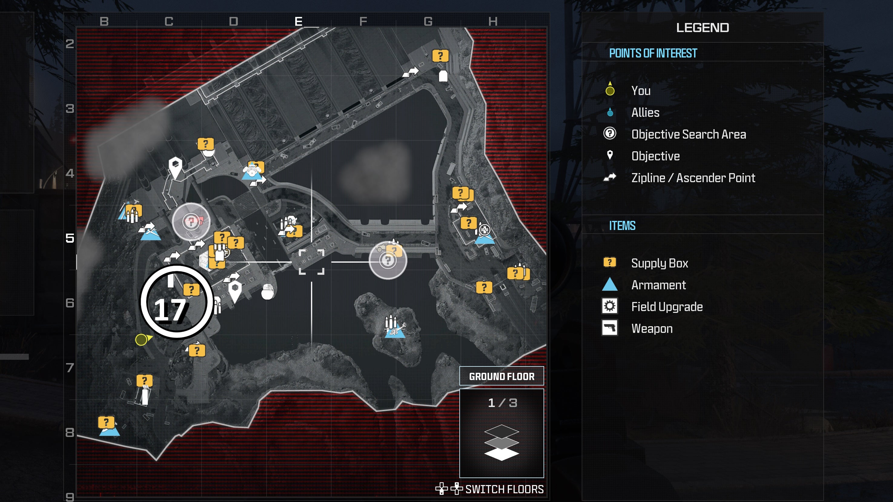 tactical map view of the gora dam level with a weapon location numbered and circled