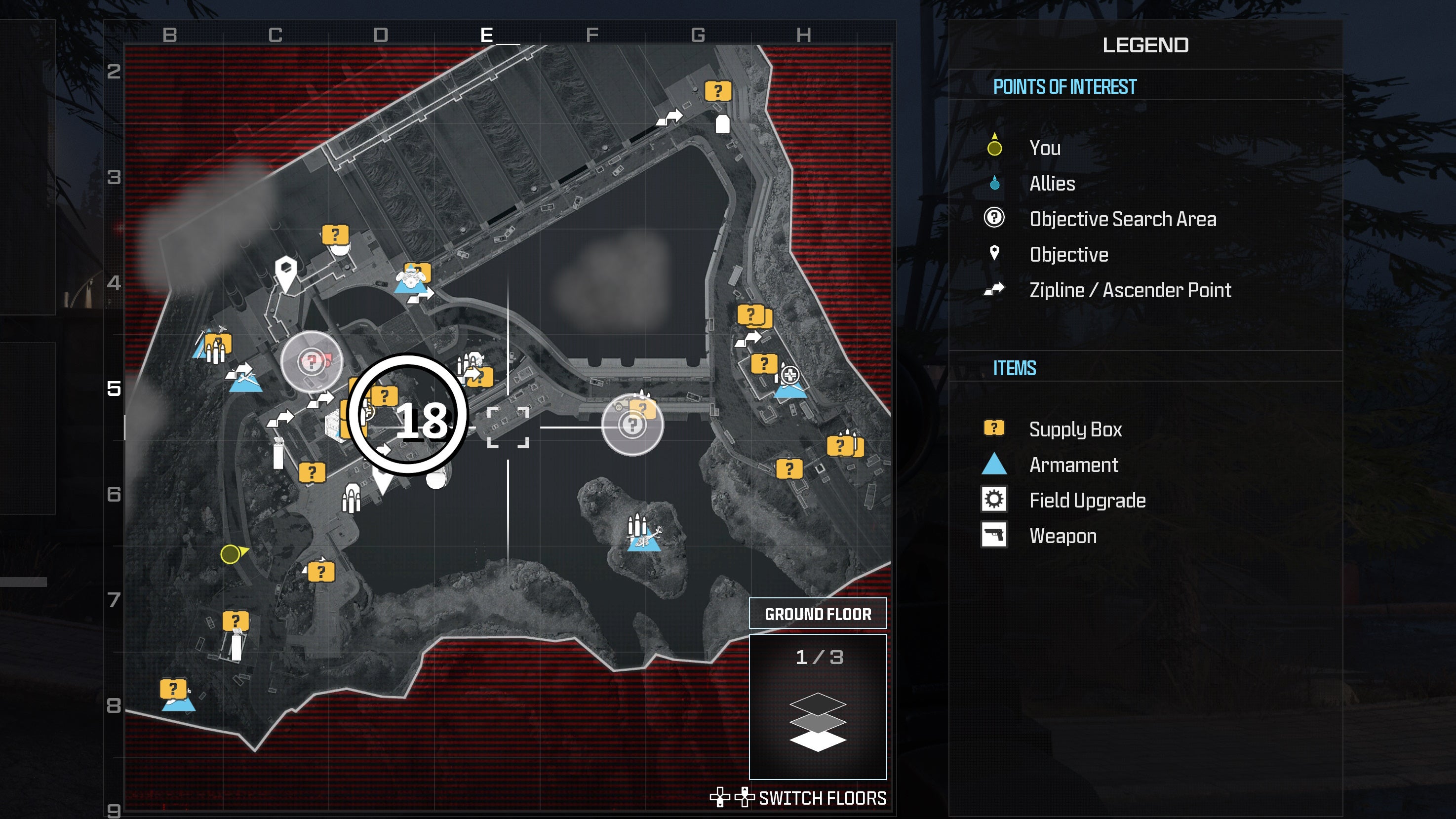 tactical map view of the gora dam level with a weapon location numbered and circled