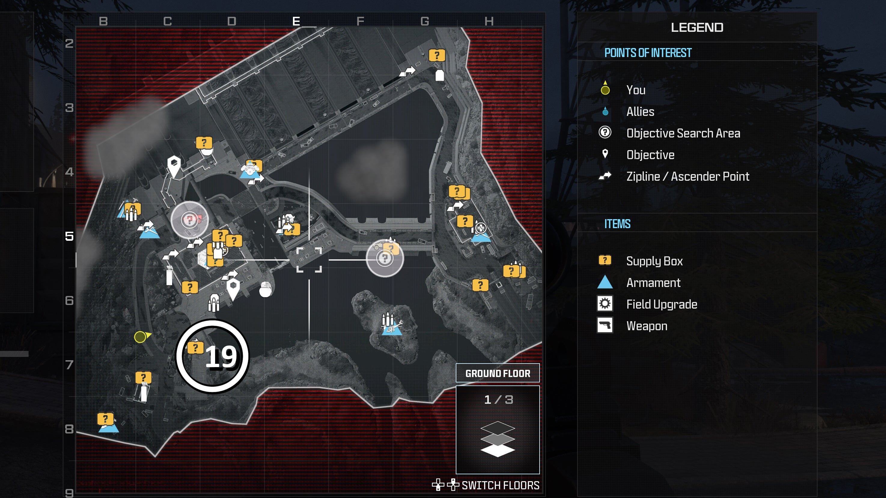 tactical map view of the gora dam level with a weapon location numbered and circled