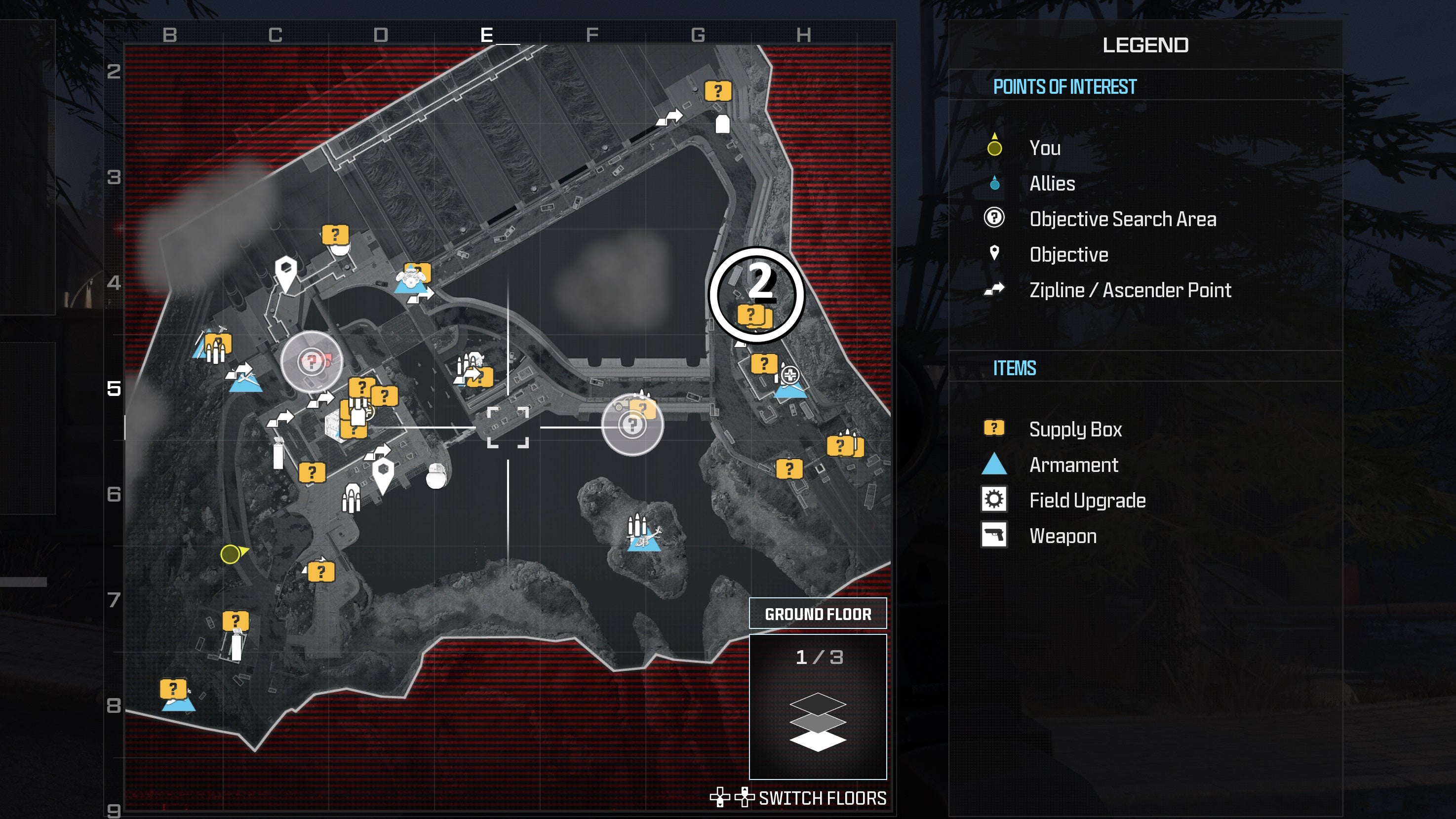 tactical map view of the gora dam level with a weapon location numbered and circled