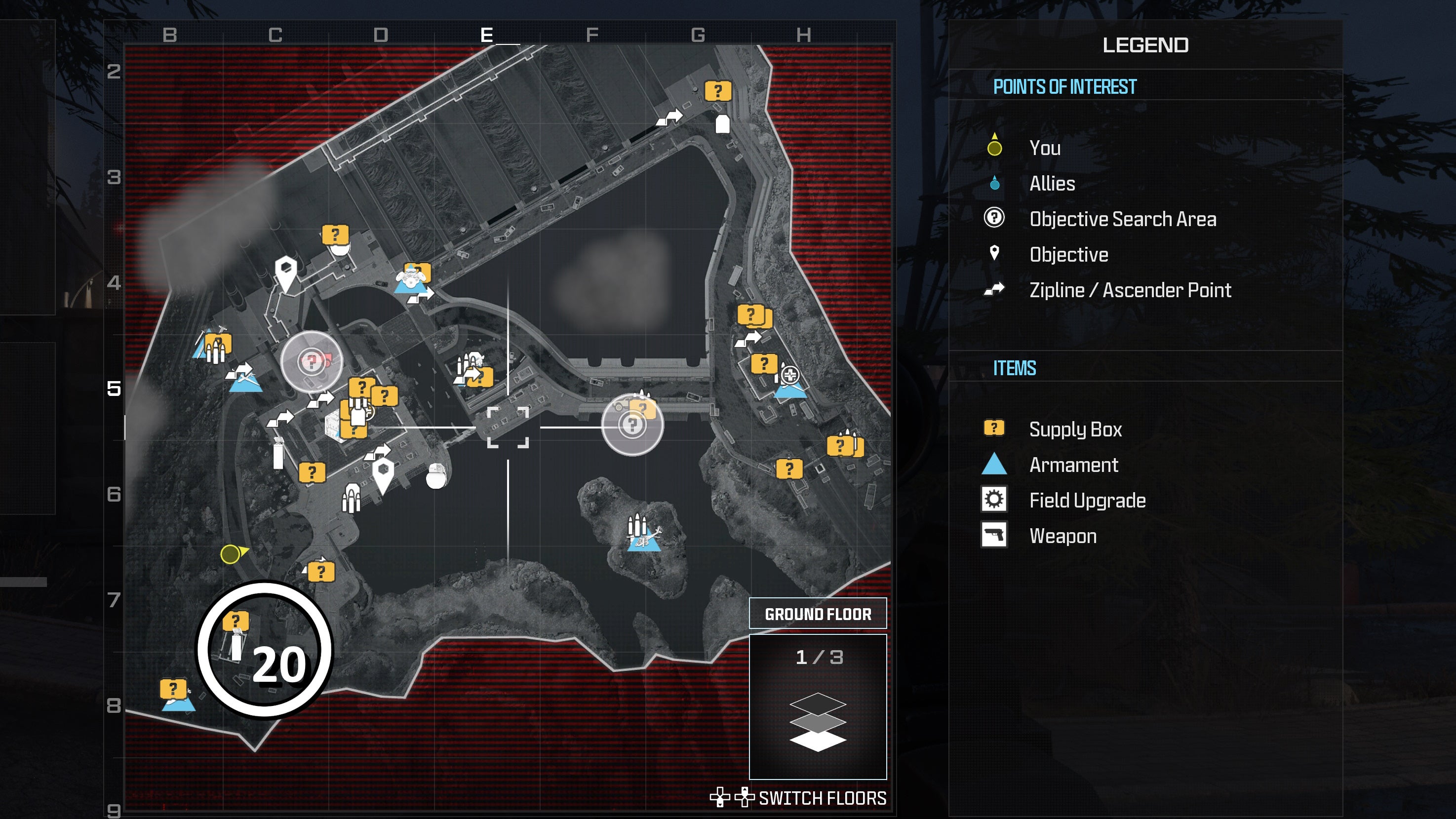 tactical map view of the gora dam level with a weapon location numbered and circled