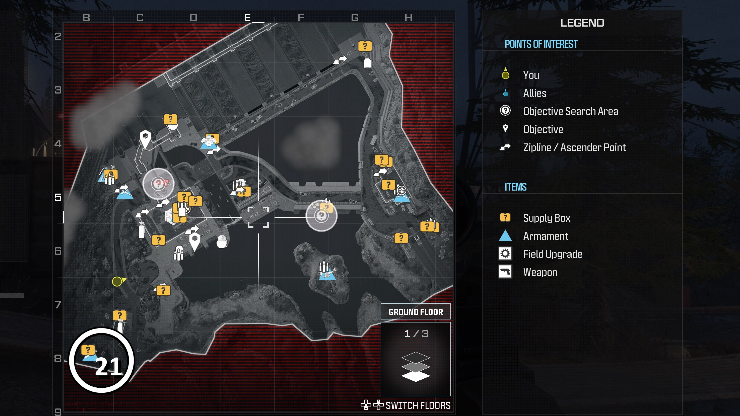 tactical map view of the gora dam level with a weapon location numbered and circled