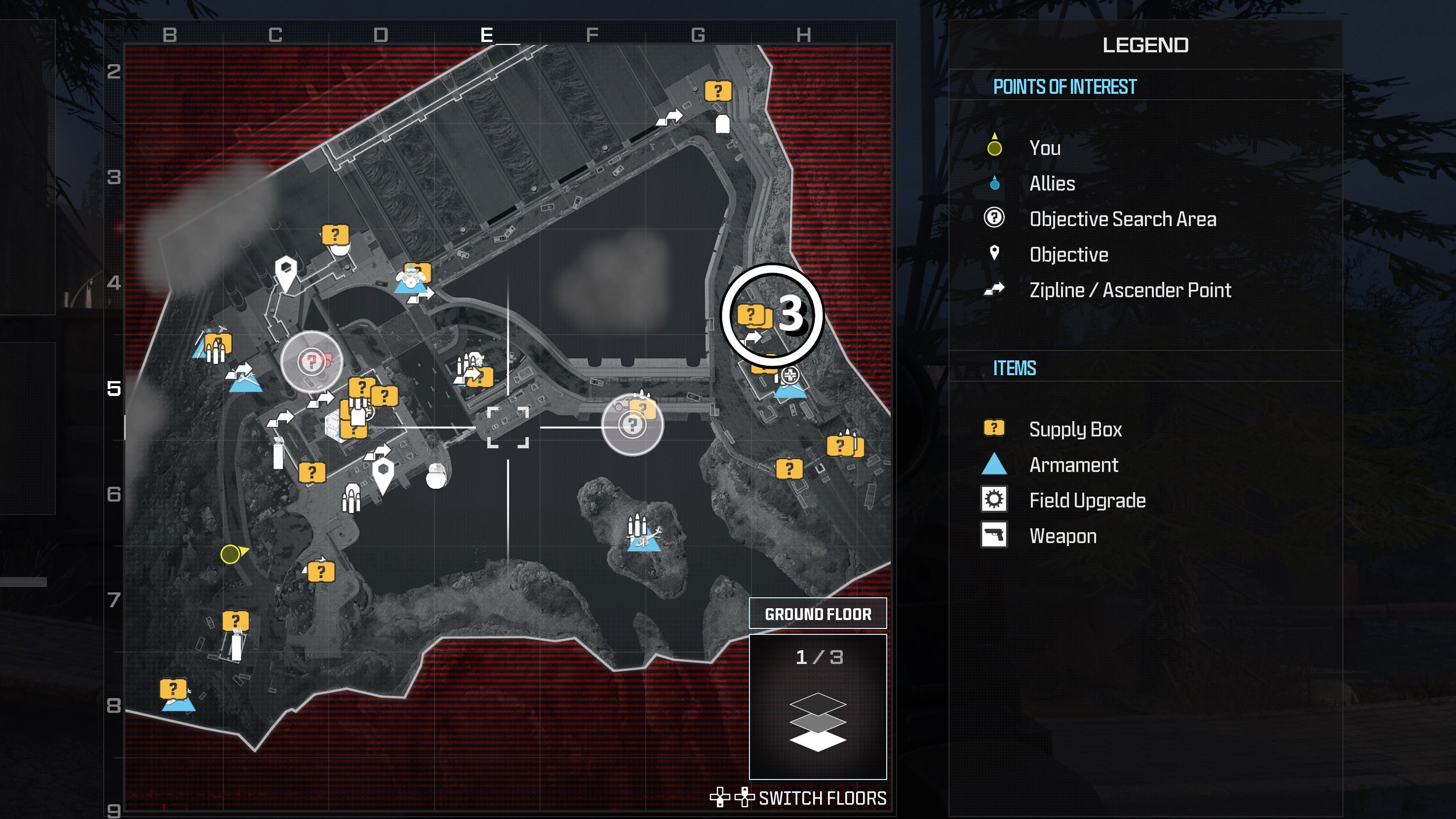 tactical map view of the gora dam level with a weapon location numbered and circled