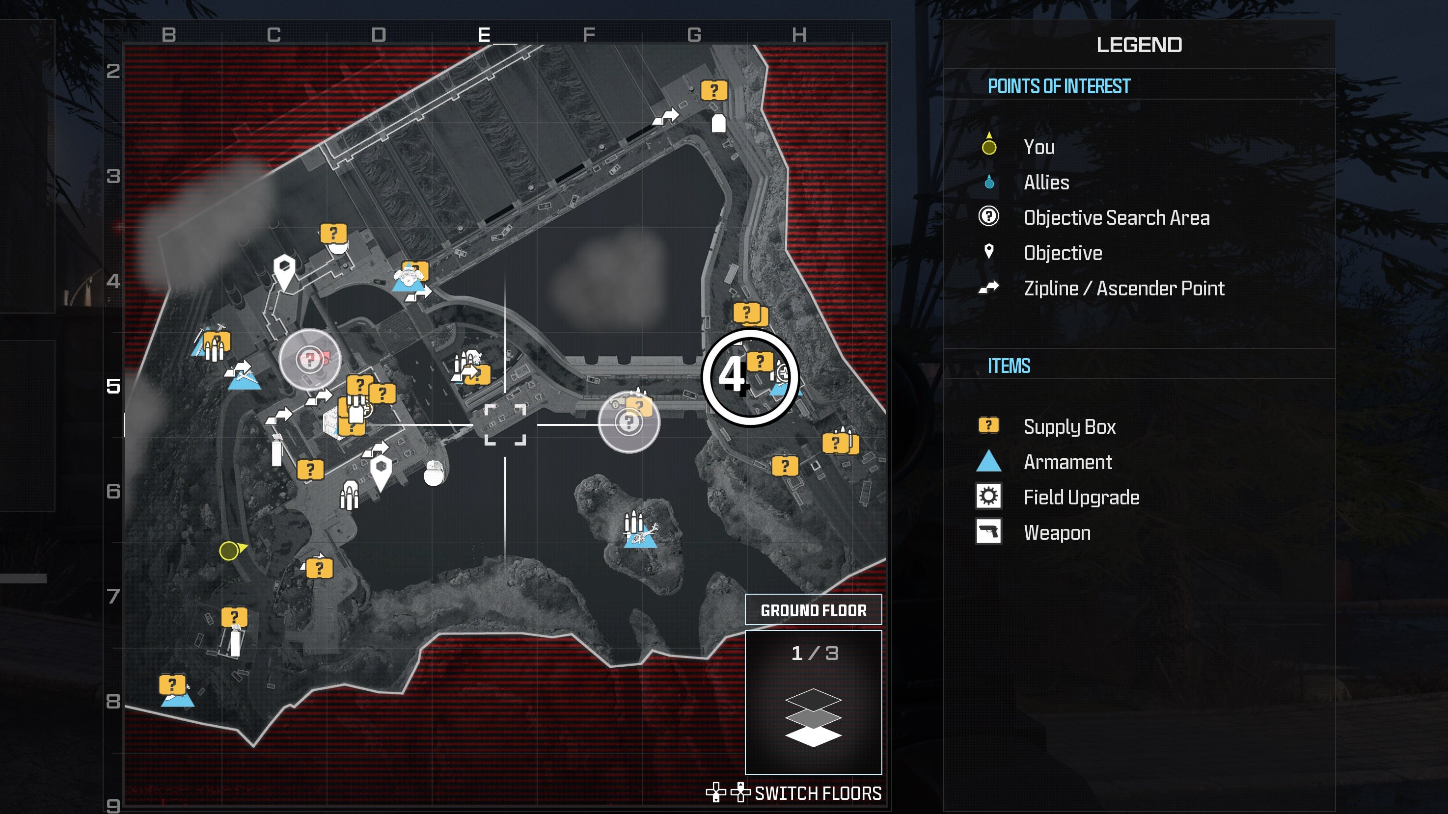 tactical map view of the gora dam level with a weapon location numbered and circled