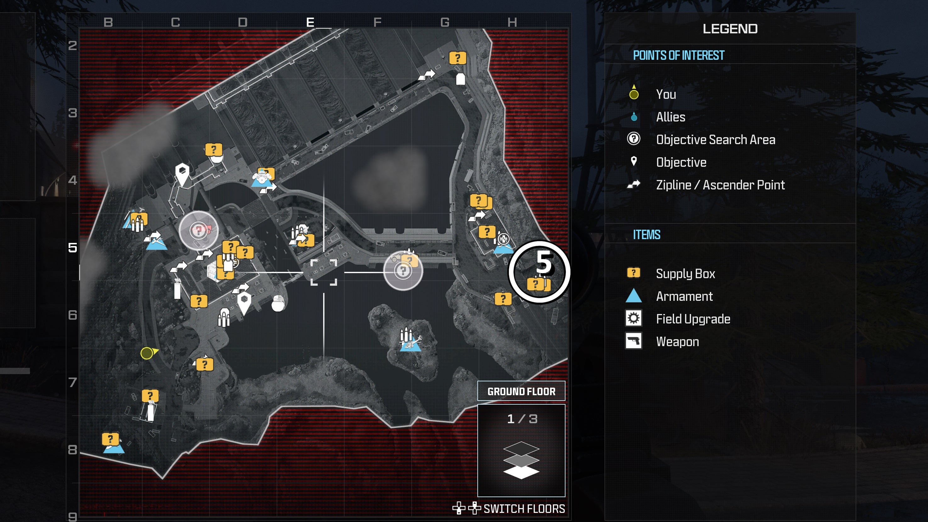 tactical map view of the gora dam level with a weapon location numbered and circled