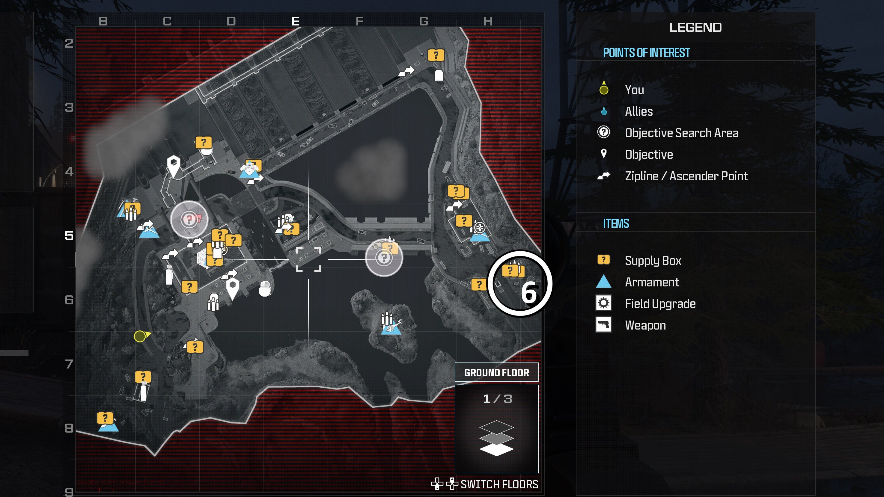 tactical map view of the gora dam level with a weapon location numbered and circled