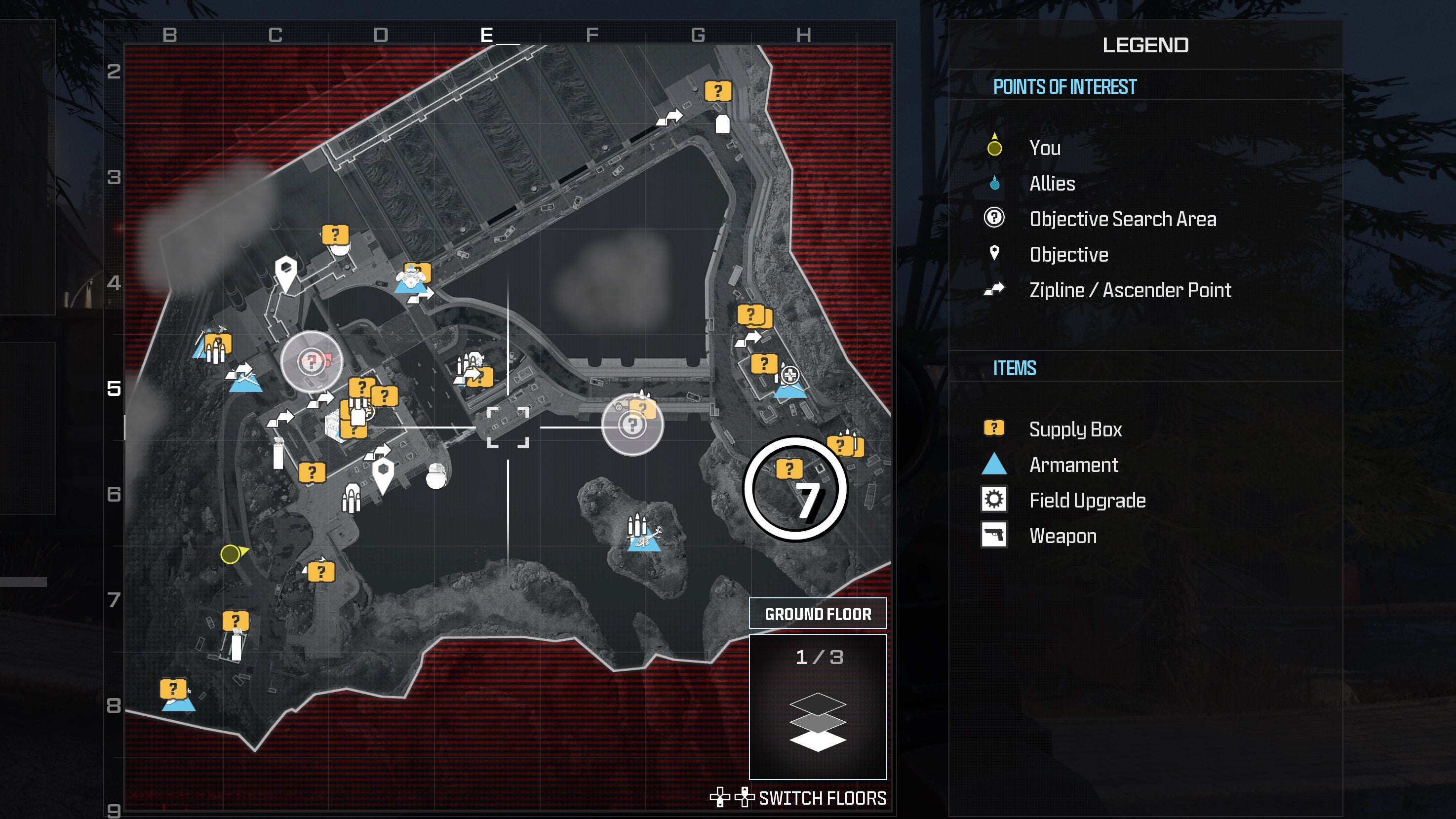 tactical map view of the gora dam level with a weapon location numbered and circled