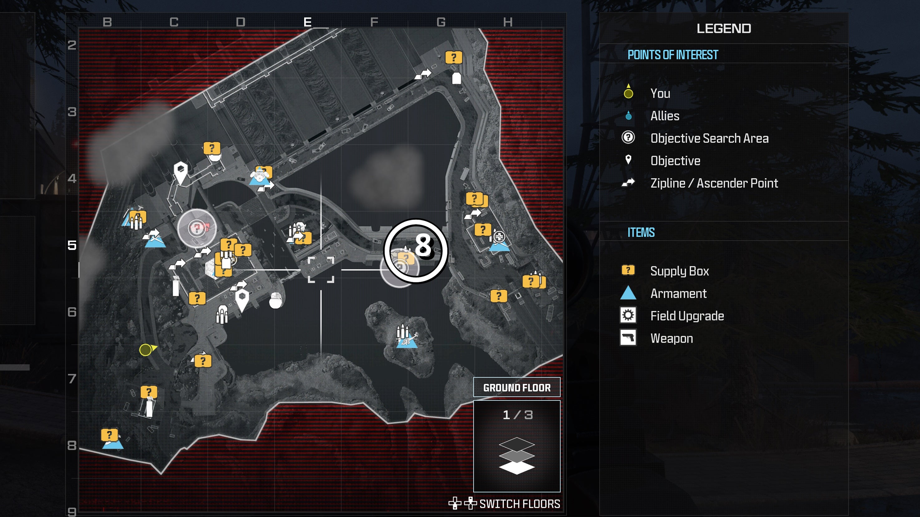 tactical map view of the gora dam level with a weapon location numbered and circled