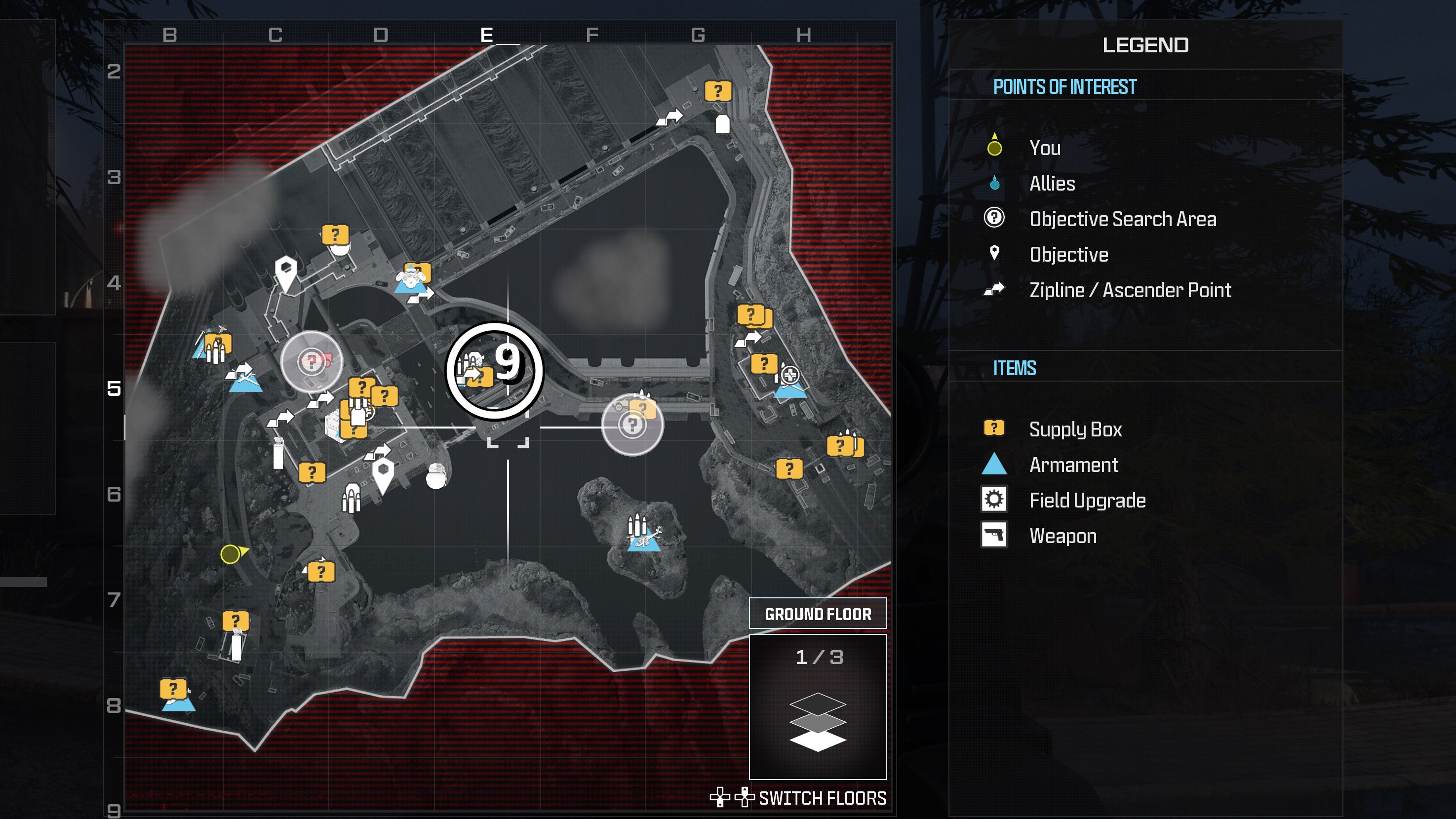 tactical map view of the gora dam level with a weapon location numbered and circled