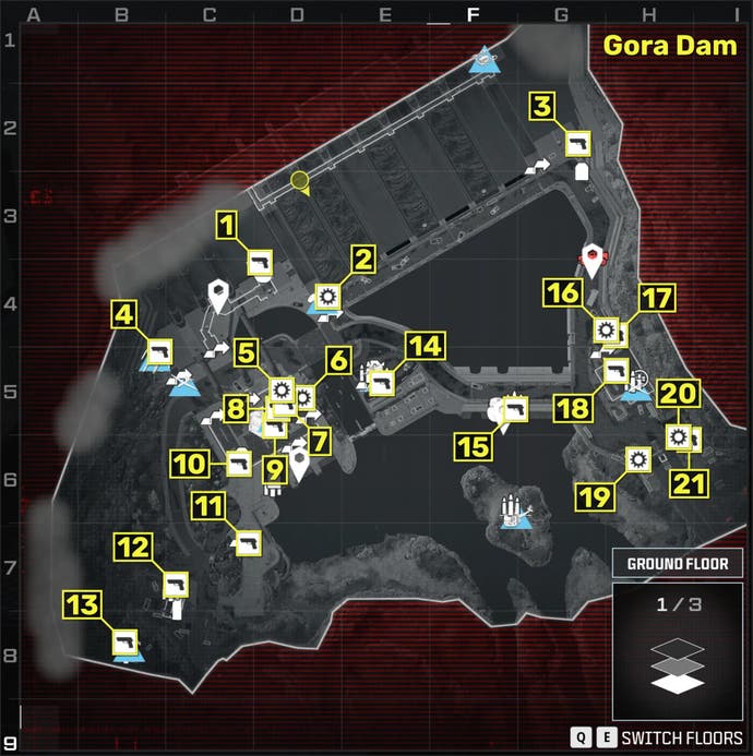 Eine Map mit den Fundorten aller Waffen und Items in der Mission Gora-Damm in Modern Warfare 3.