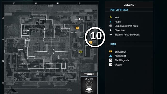 tactical map view of a weapon supply box location numbered and circled on the seventh floor of the highrise level