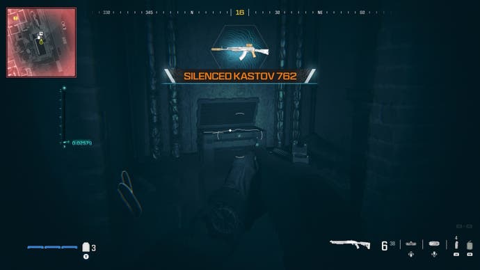 nightvision view of looking at a supply box containing a weapon on the seventh floor of the highrise level