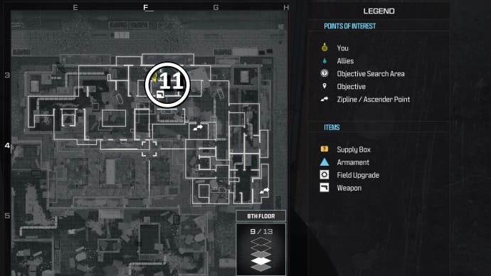 tactical map view of a weapon supply box location numbered and circled on the highrise map
