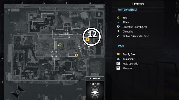 tactical map view of a weapon supply box location numbered and circled on the highrise level