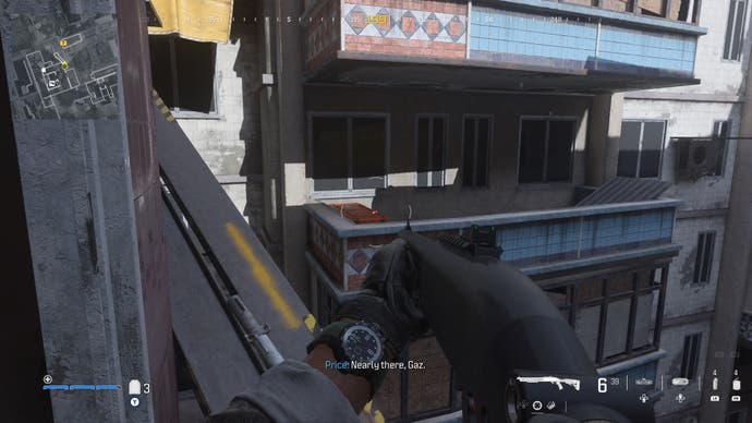 looking at a weapon supply box on a nearby balcony on the highrise map