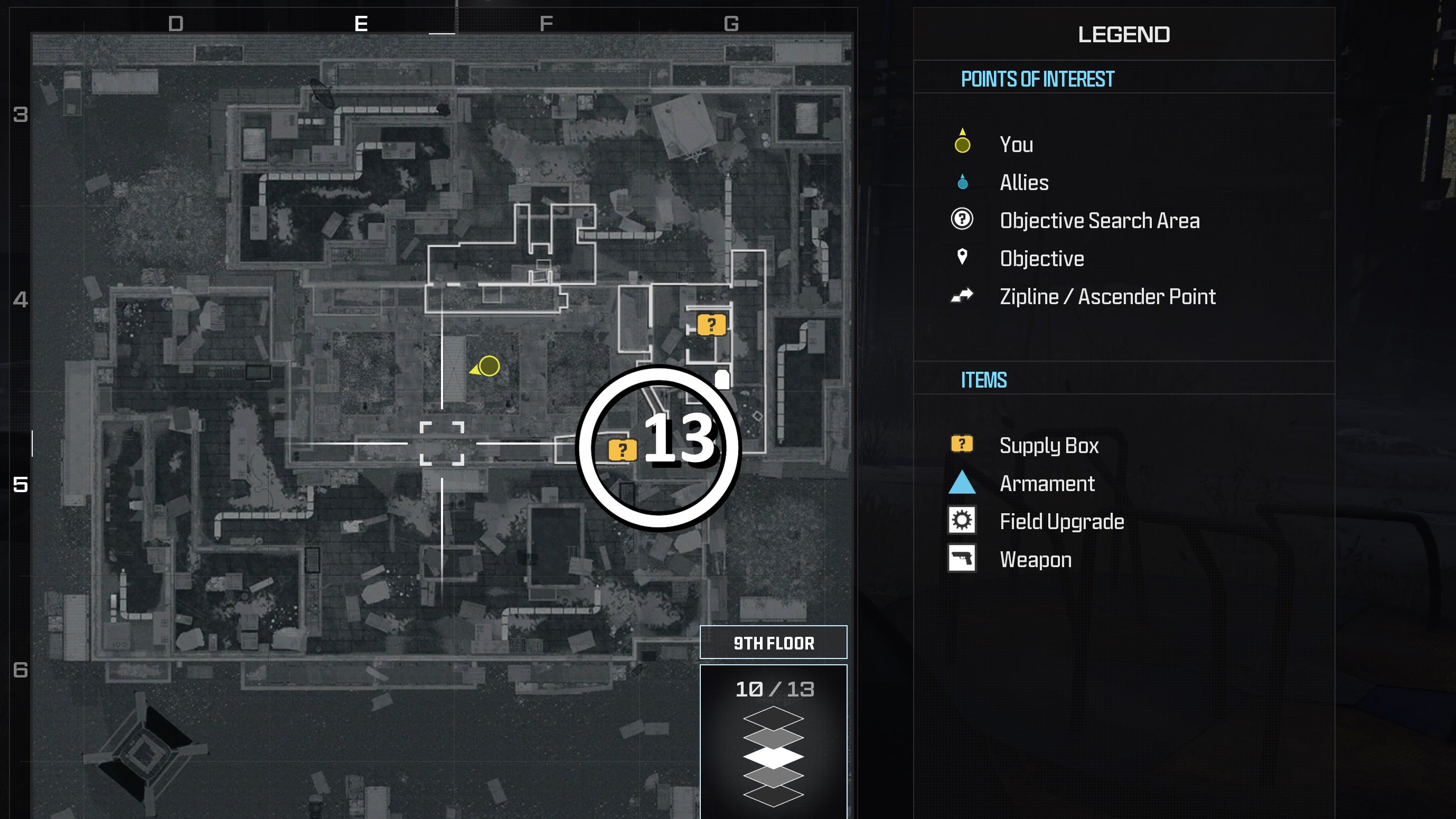 tactical map view of a weapon supply box location numbered and circled on the highrise level