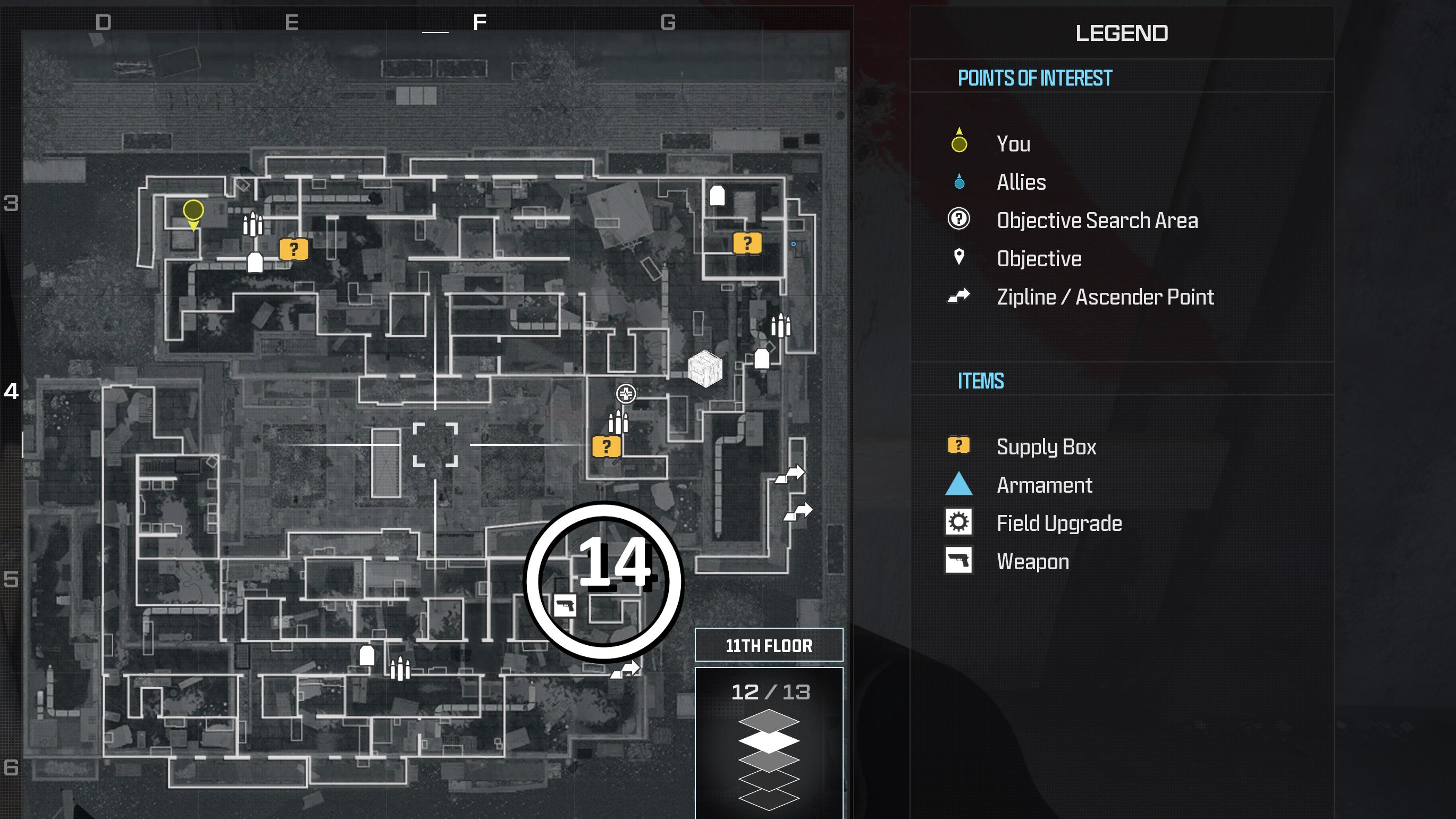 tactical map view of a weapon supply box location numbered and circled on the highrise map
