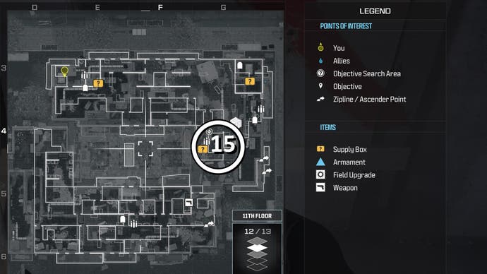 tactical map view of a weapon supply box location numbered and circled on the highrise map