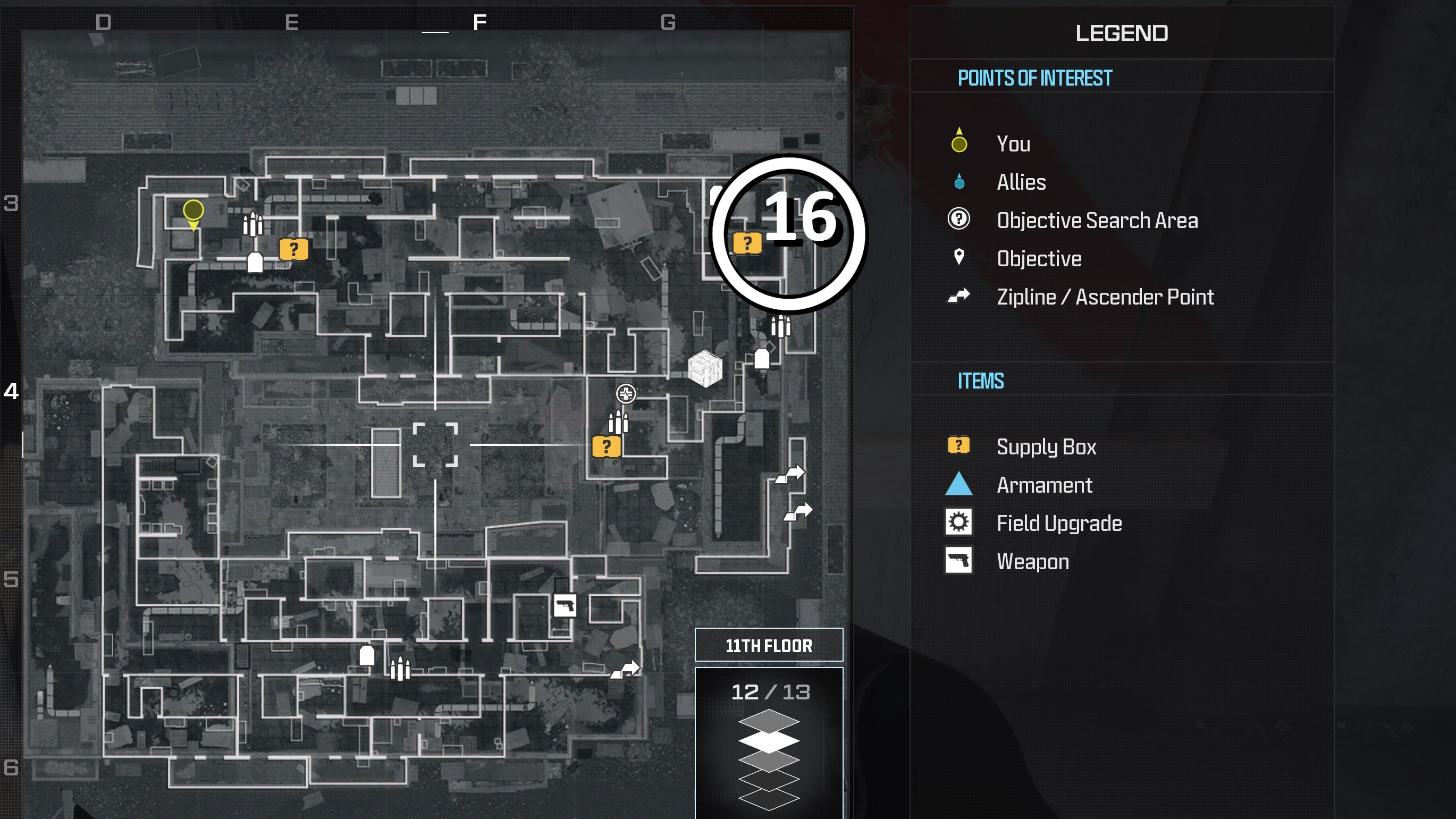 tactical map view of a weapon supply box location numbered and circled on the highrise map
