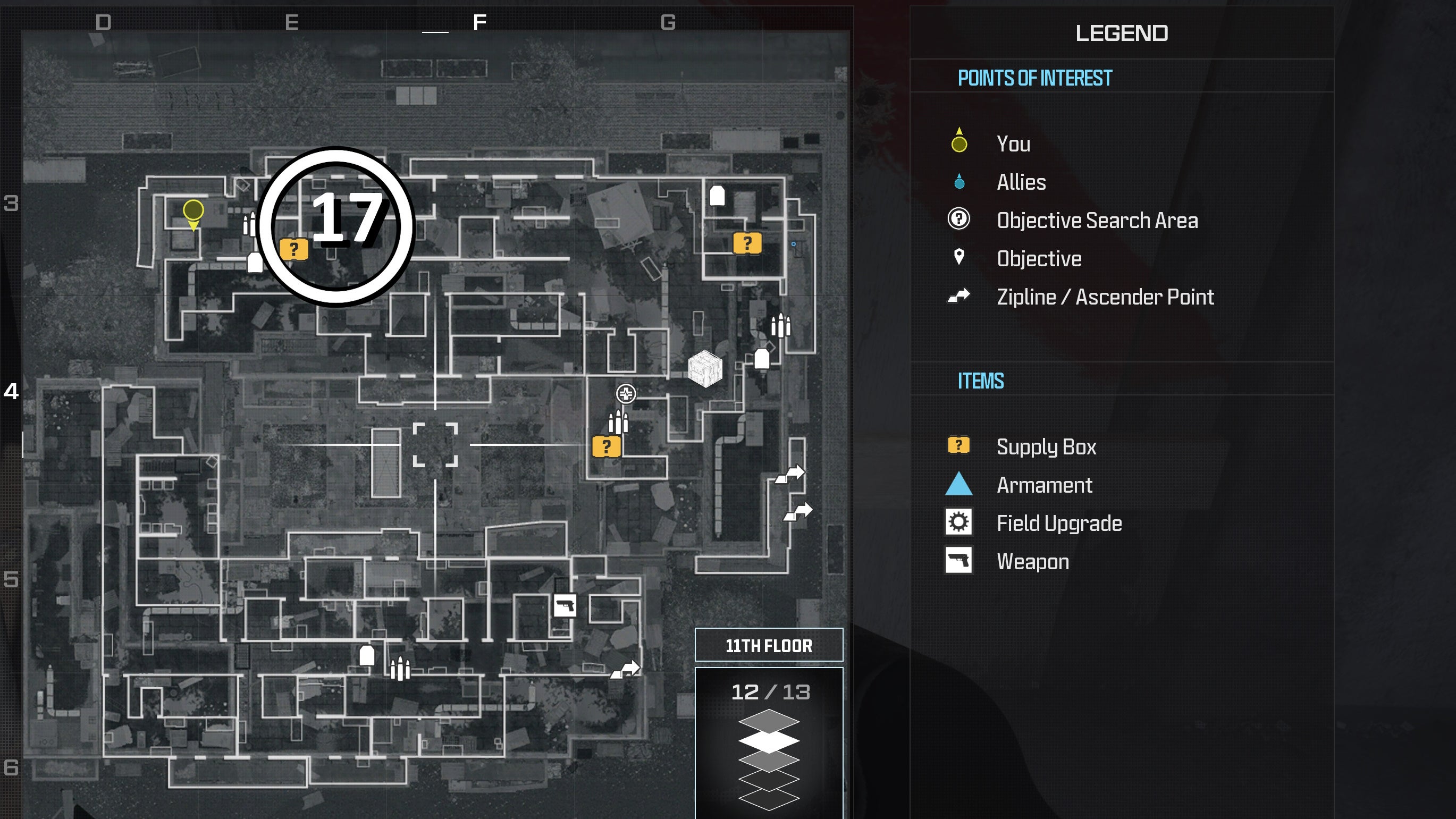 tactical map view of a weapon supply box location numbered and circled on the highrise map